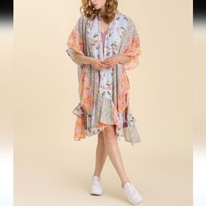 UMGEE U.S.A. | Blue & Peach Floral Side-Slit Long Kimono Size M|L